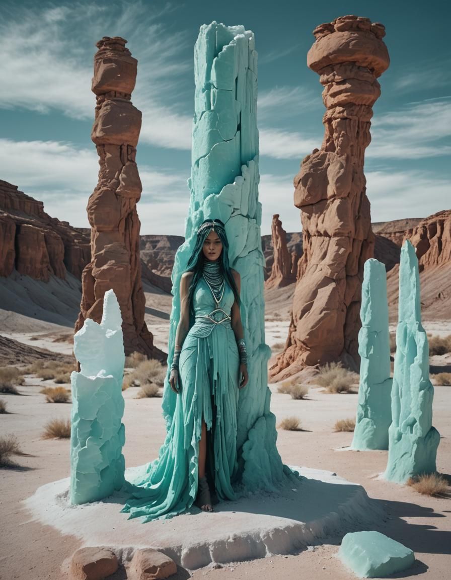 Ethereal Spirit Woman in Turquoise Desert, Art Nouveau