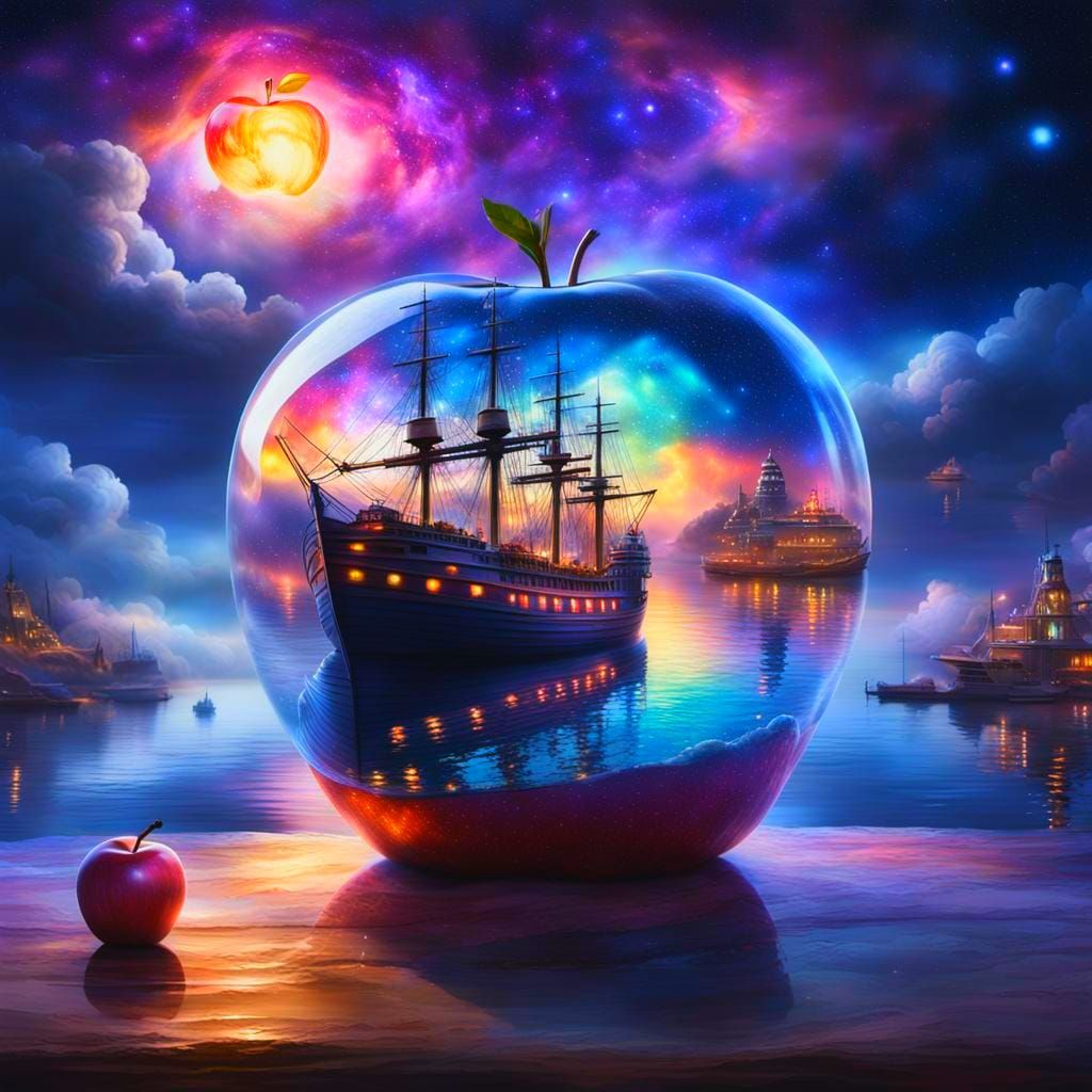 Glowing Apple Reflecting a Galaxy Harbor, Detailed Art