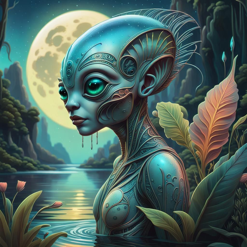 Art Deco Alien in Bioluminescent River Scene
