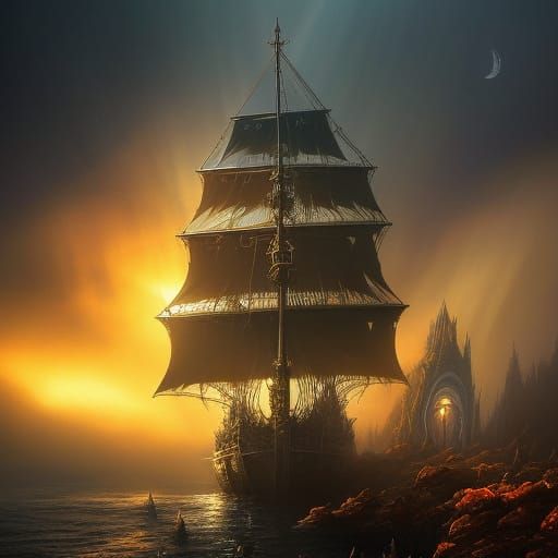 Ghost Ship Emerges From Fog: Digital Illustration