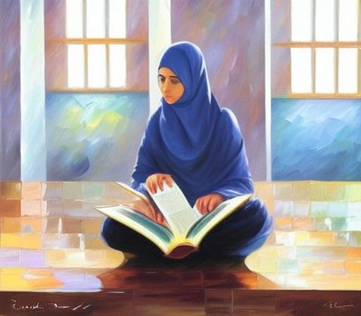 Muslim Girl Reading Quran in Oil Painting Style