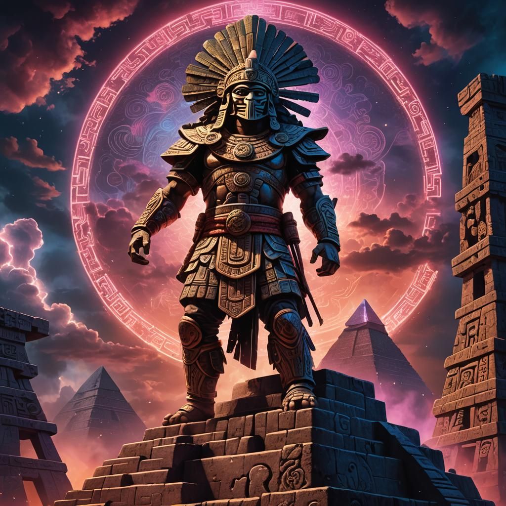 Mesoamerican Warrior in Dystopian Anime Style