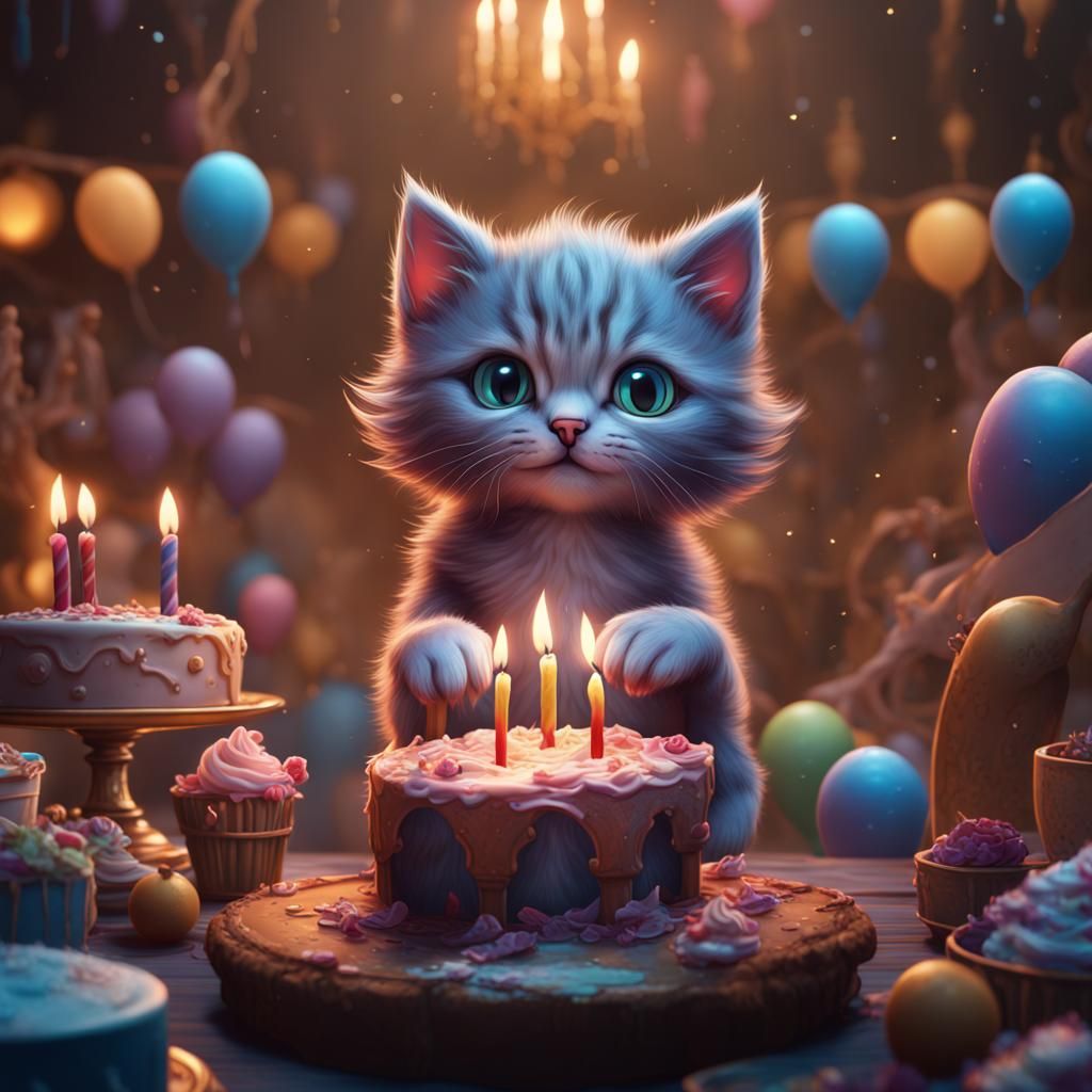 Kitten's Birthday in Detailed Matte Painting Style