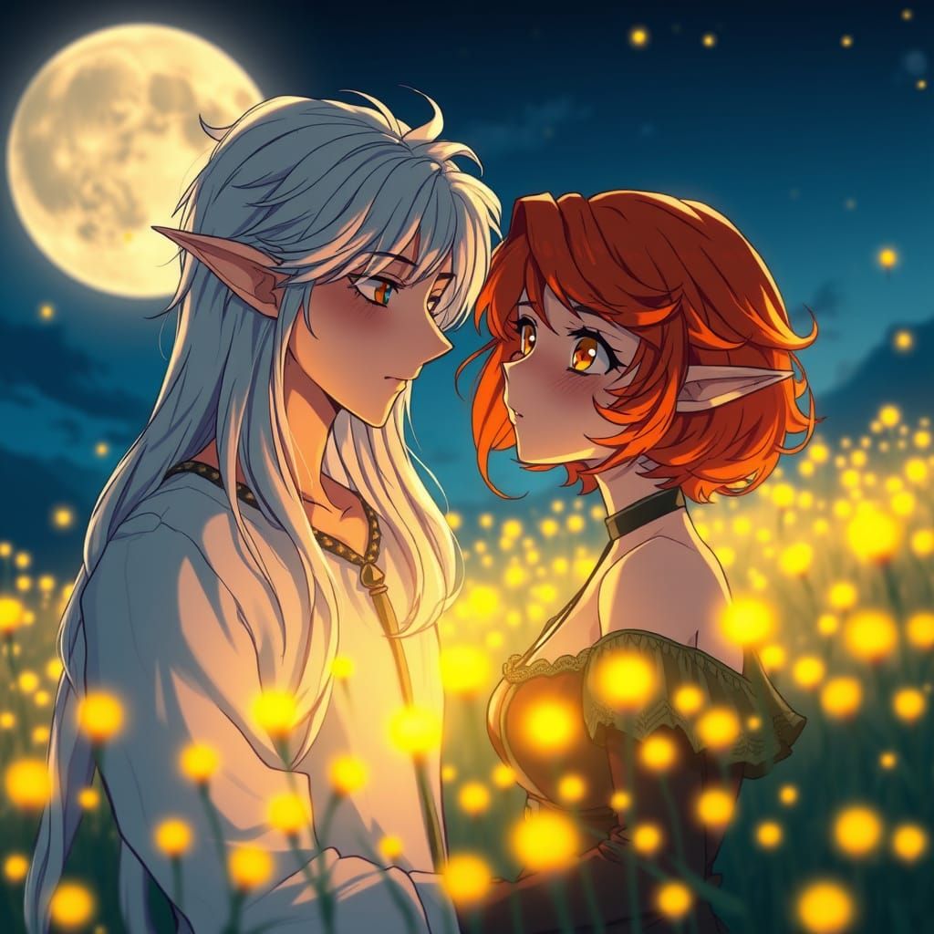 For the daily challenge theme, imagine a shy and mysterious couple, the male a blossom elf with long silver hair and gol...