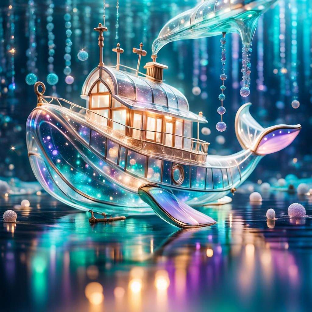 Glass Houseboat on Glass Whale in Pastel Ocean