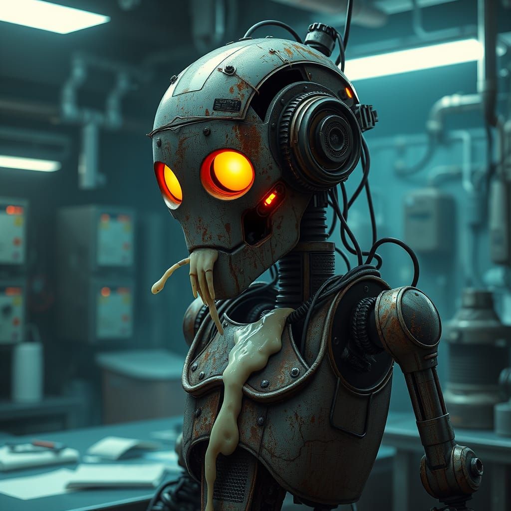 Melting Robot in Cyberpunk Laboratory