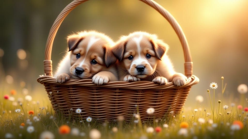 Adorable Vintage-Style Puppies in a Basket