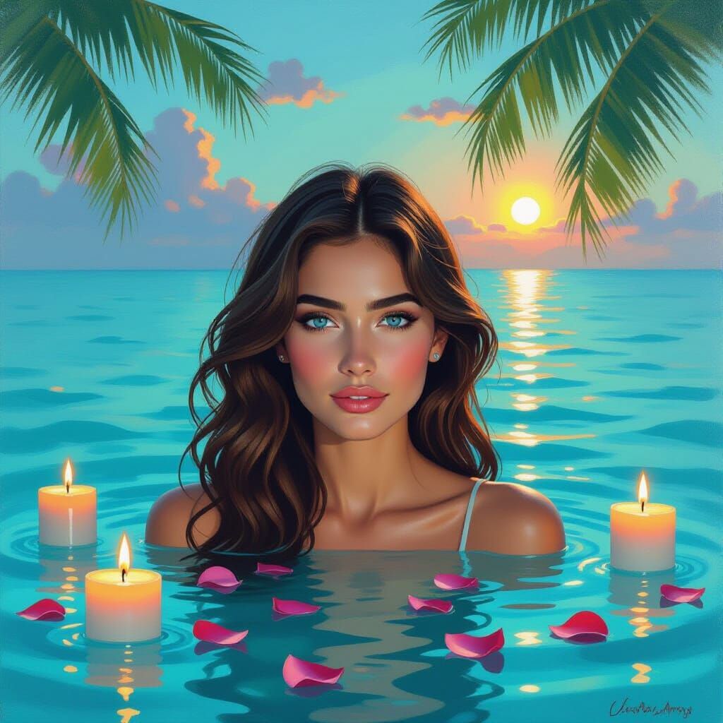 Woman in Water with Candles: An Impressionistic Oil Painting