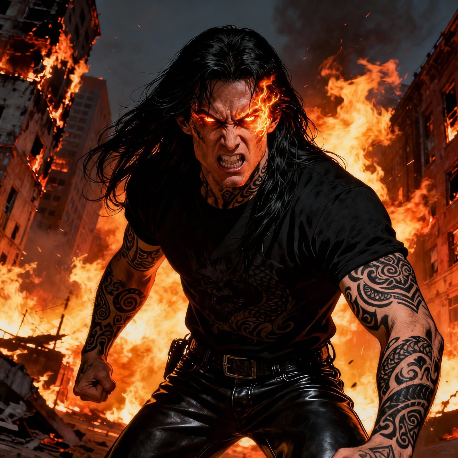 Angry Man with Tattoos and Flames in Cinematic Style
