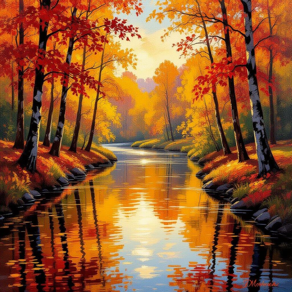 Golden Autumn Forest River in Impressionist Style