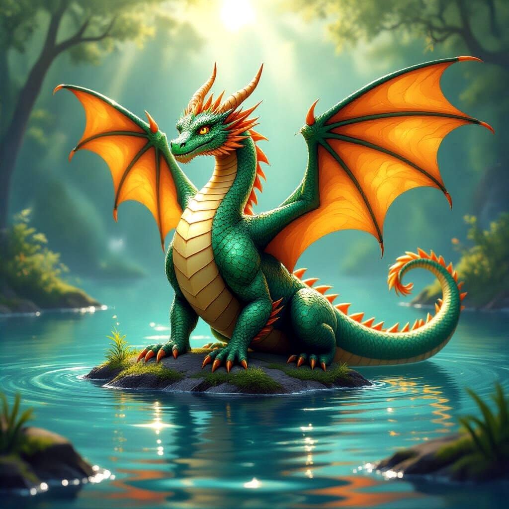 Crystal Dragon Guards Glowing Keys in Enchanted Lake