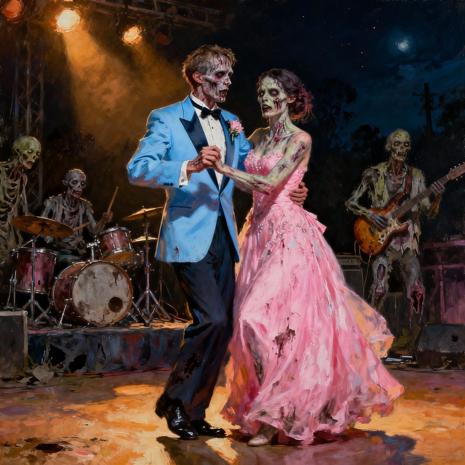 Zombies Dancing to Rock Band, Realistic Oil Painting