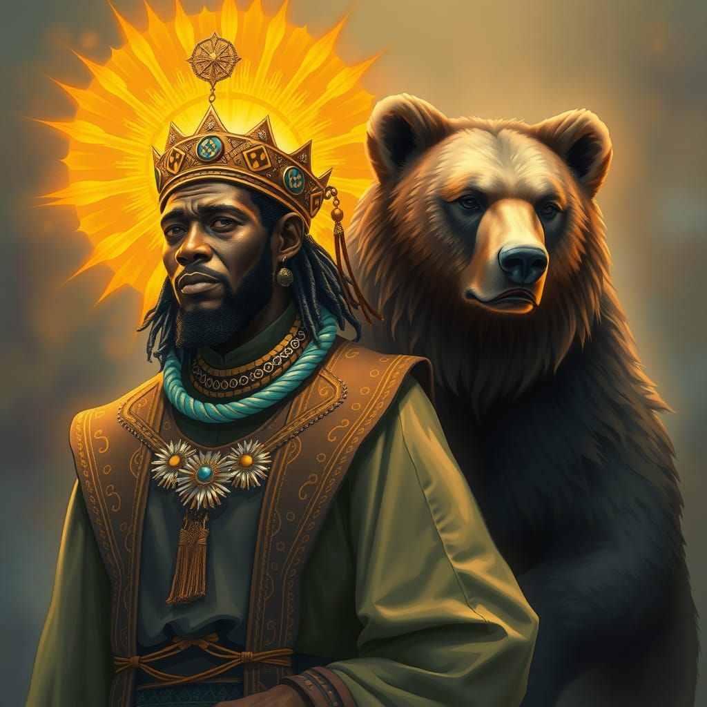 African King with Golden Aura and Bear Spirit