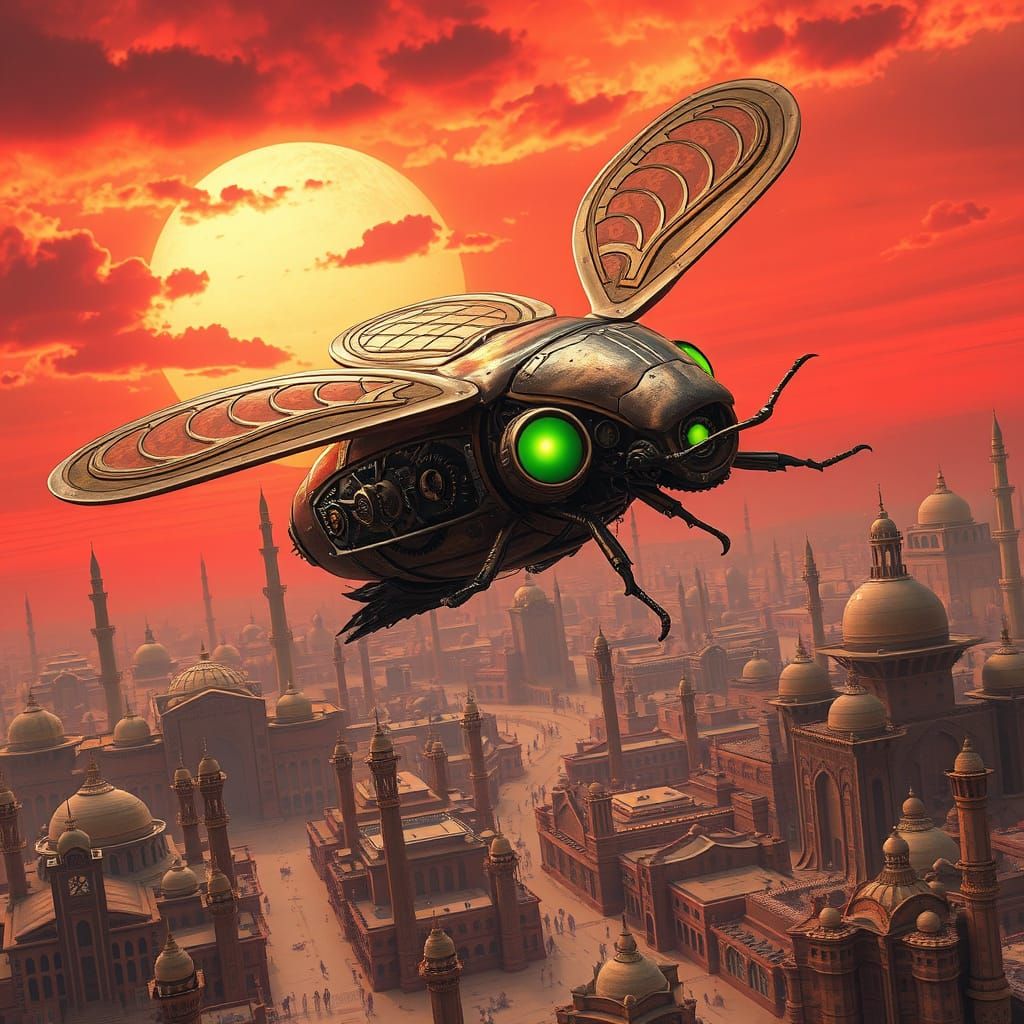 Steampunk Scarab Beetle Airship Soaring Above Desert City