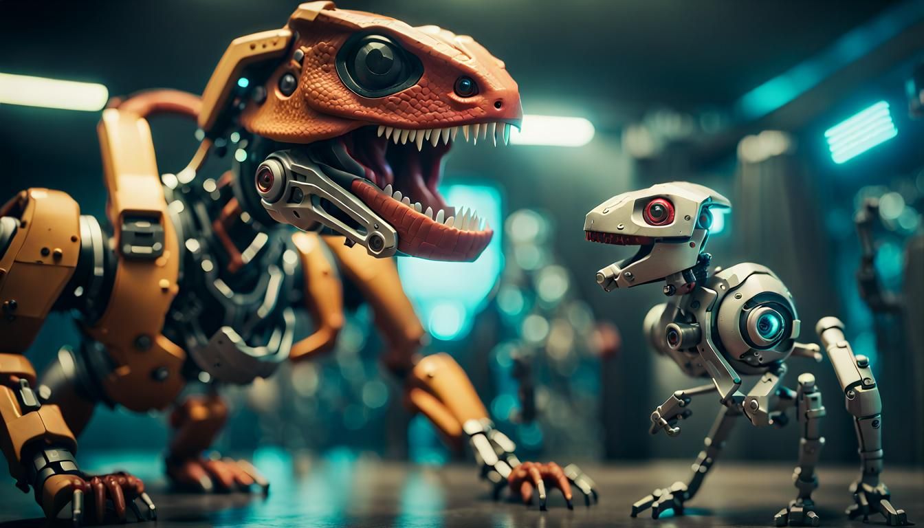 Cyborg Pets Having Fun: Cinematic 3D Render