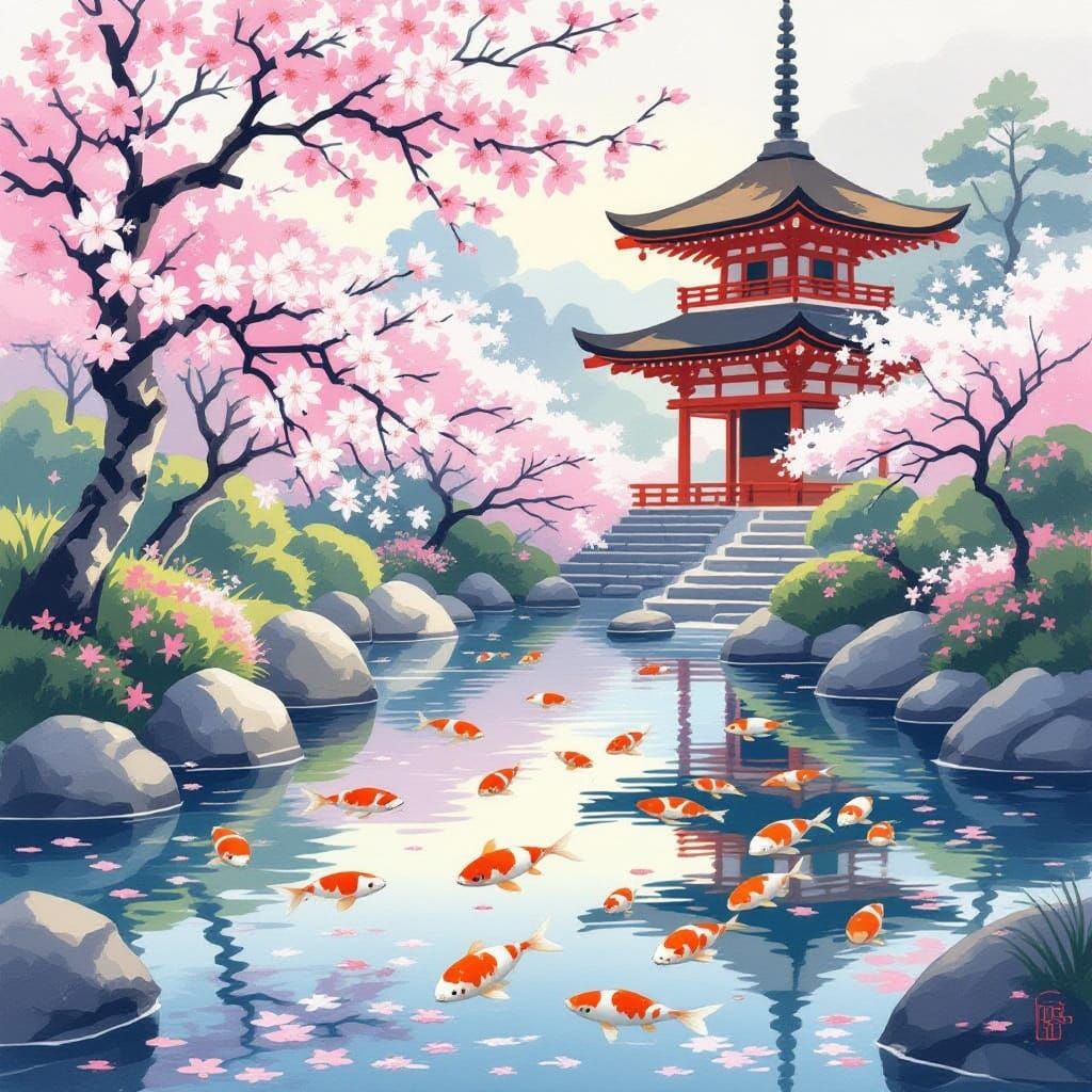 Tranquil Japanese Garden with Koi Pond and Pagoda
