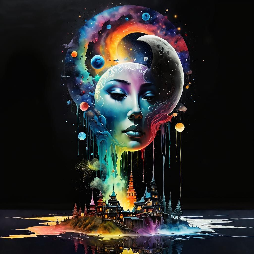 Psychedelic Moon in Aurora Sky, Expressionist Painting