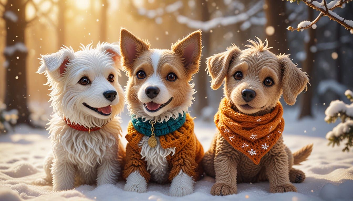 Whimsical Winter: Huskies and Crocheted Dog in Digital Art