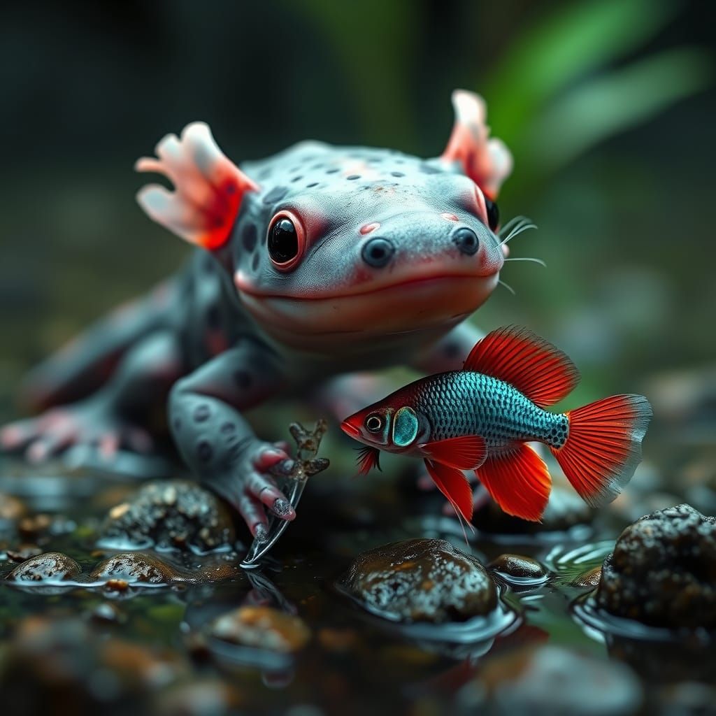Mysterious Rainforest Lake Scene with Axolotl and Betta Fish