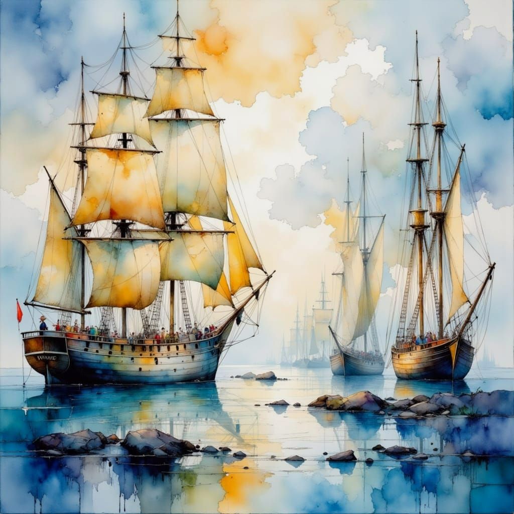 Watercolor Ships Painting with Deep Tones