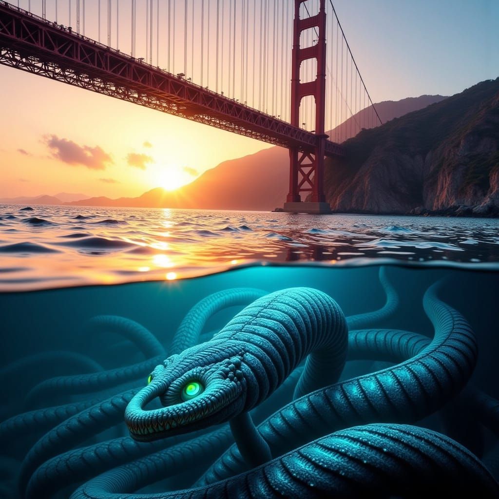 Bay Bridge Sunrise With Sea Serpent in Cinematic 3D