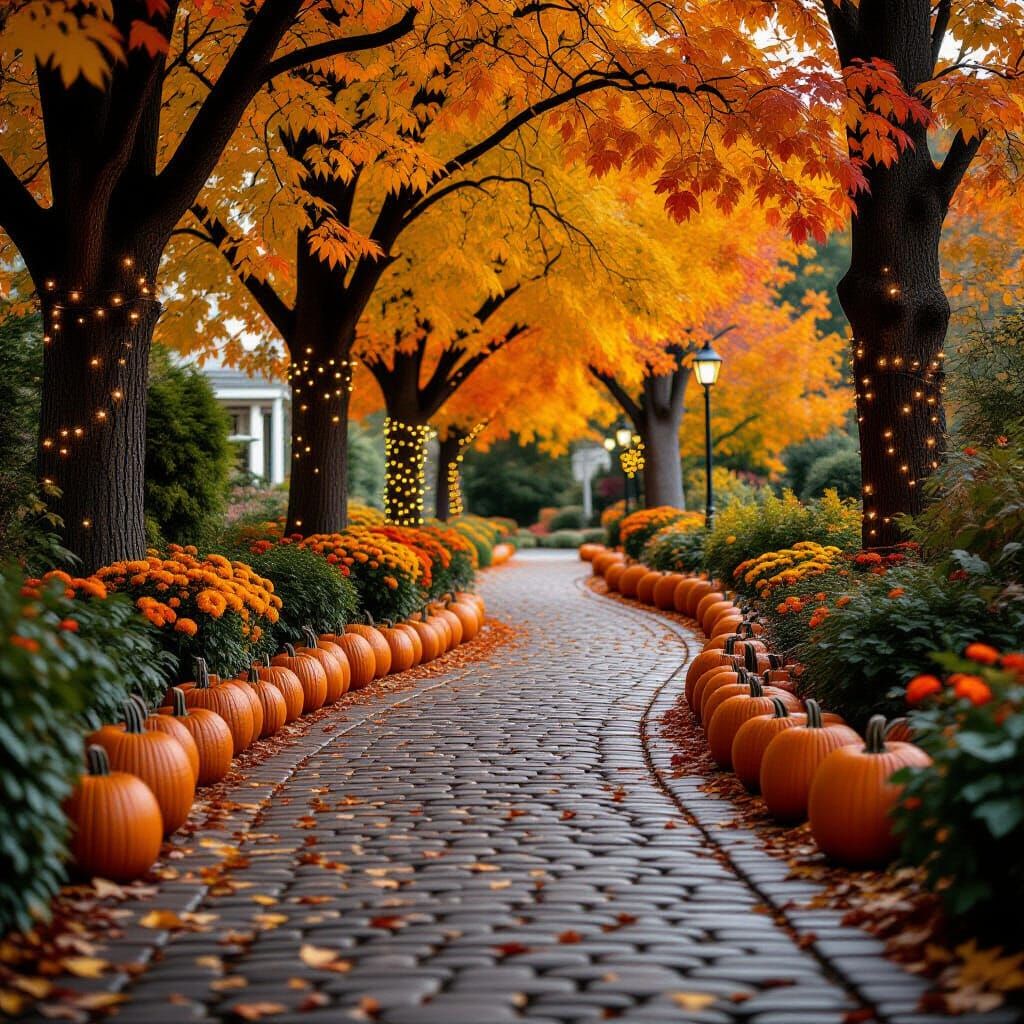 Autumn Cobblestone Path with Pumpkins and String Lights
