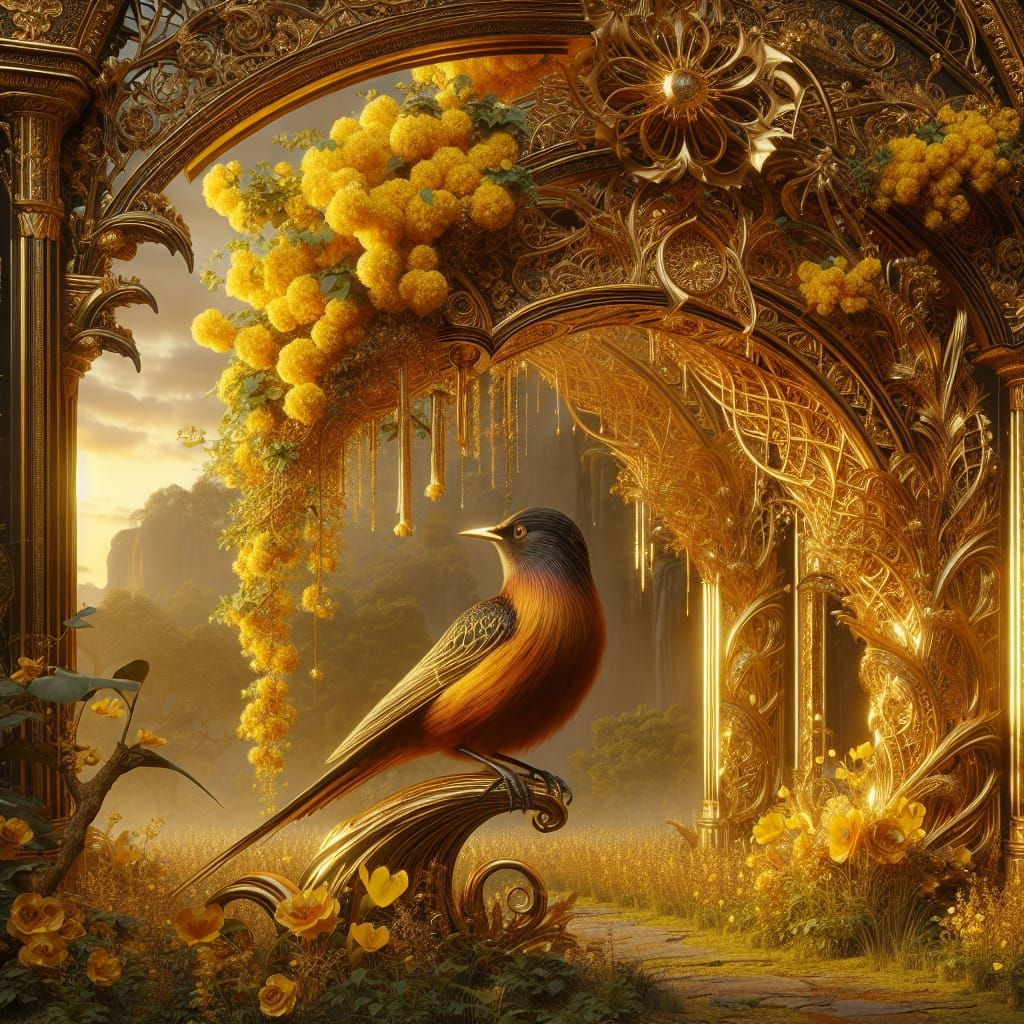 Golden Starling on Ornate Trellis in Digital Painting