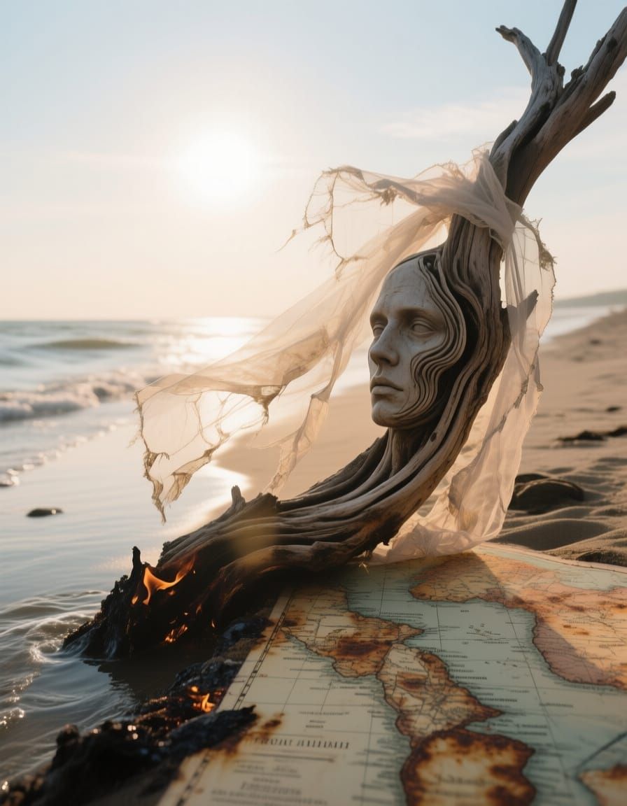 Driftwood Curling Eroded Olde-World Map, Charred and Rusty