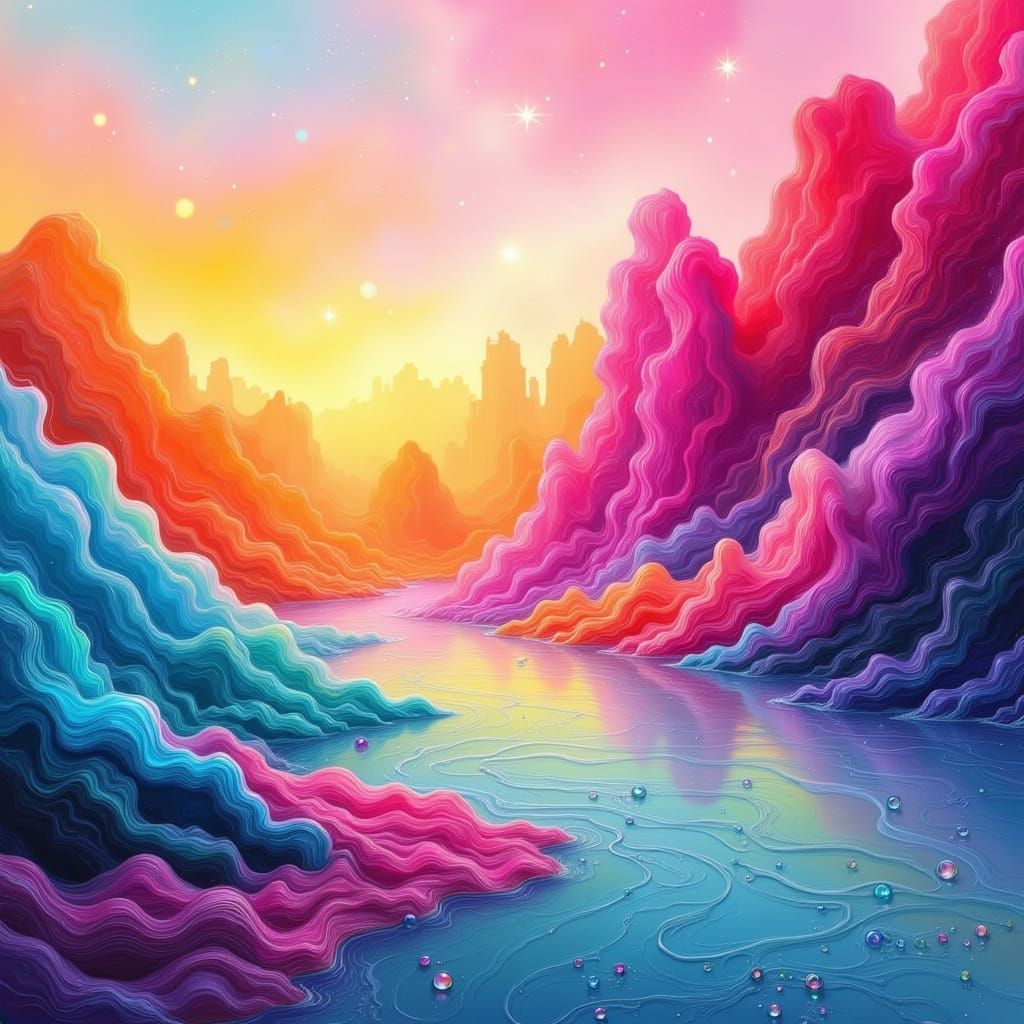 Surreal, High-Contrast Rainbow Landscape in Dark Glitch Styl...
