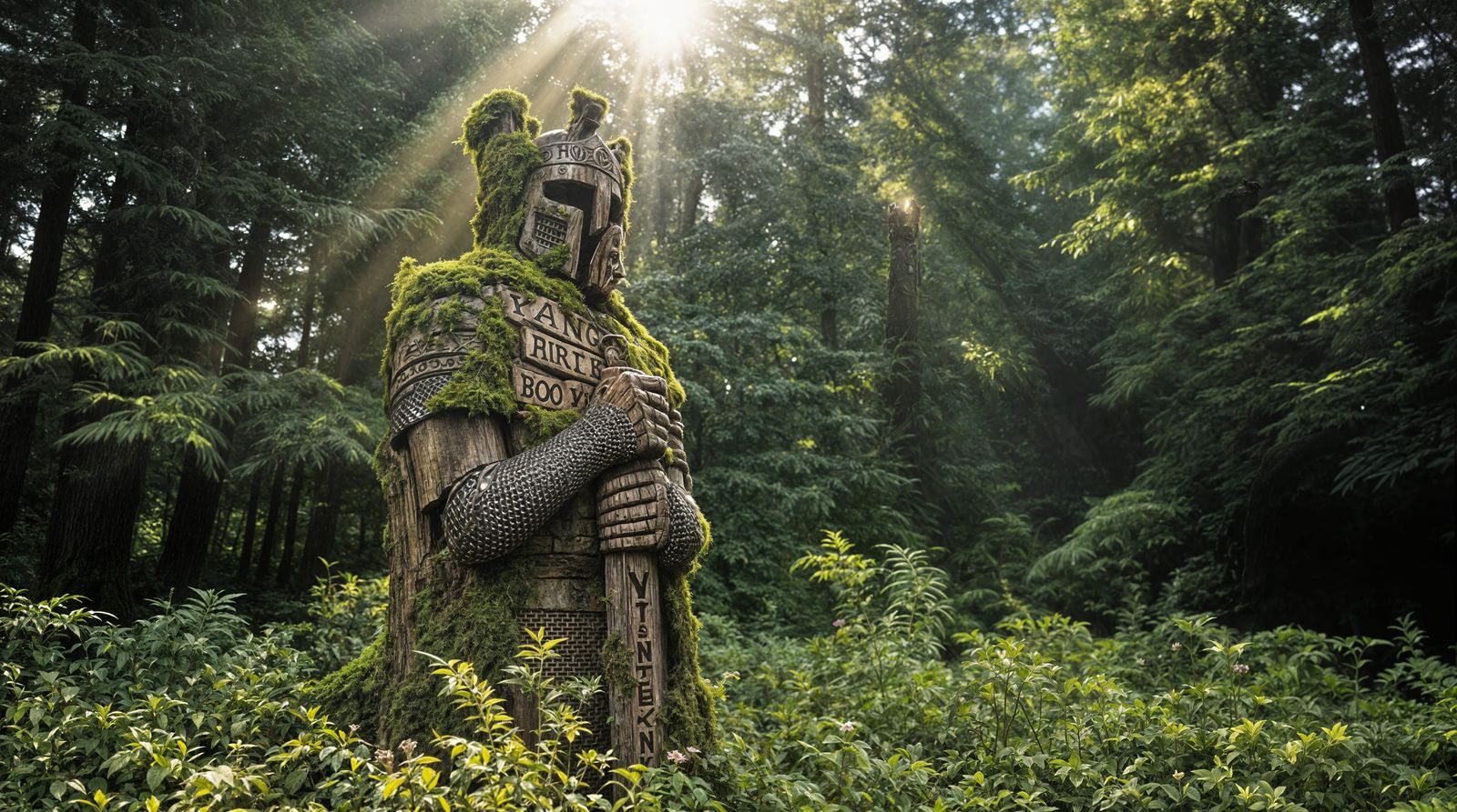 Medieval Viking Warrior Totem Unveiled in Dark Pine Forest