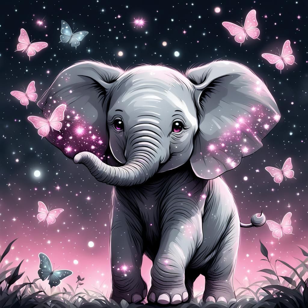 Cute Baby Elephant with Butterflies in Anime Style