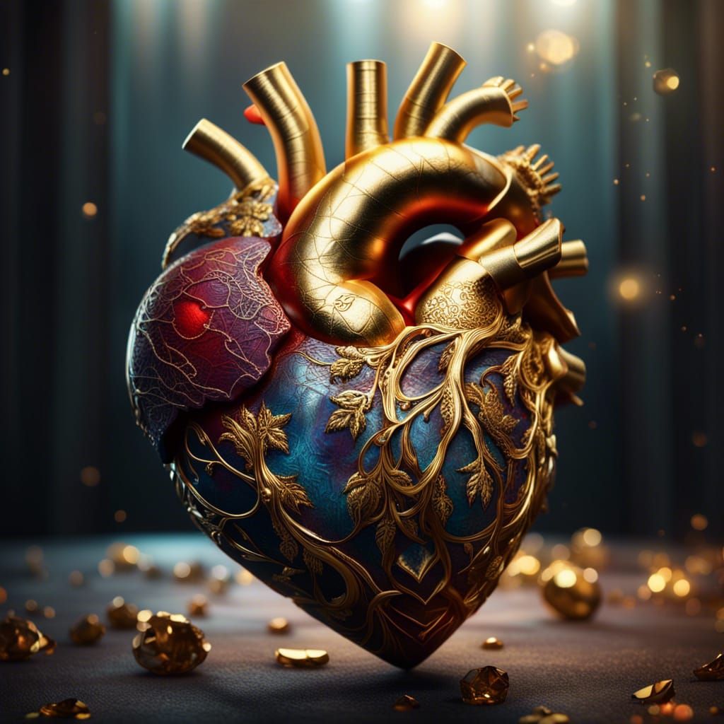 Ornate Diamond-Studded Heart with Golden Engravings