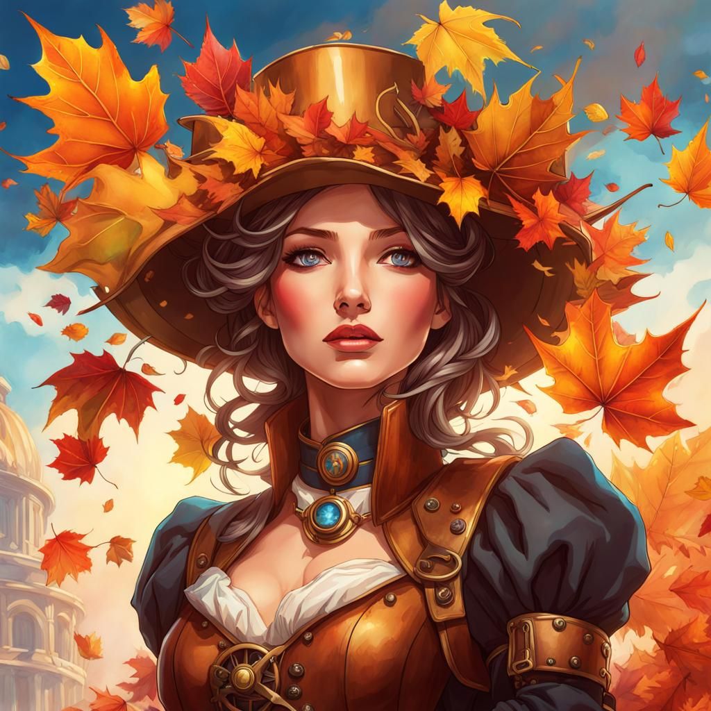 Steampunk Princess with Autumn Leaves in Watercolor Style
