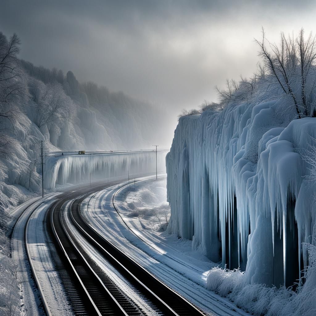 Icy Landscape with Ice-Covered Trains and Roads