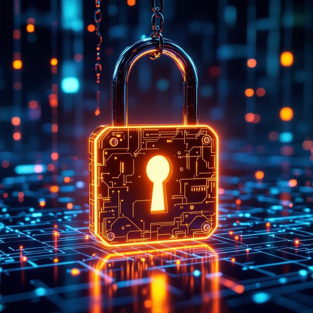 Futuristic Glowing Padlock on Digital Network