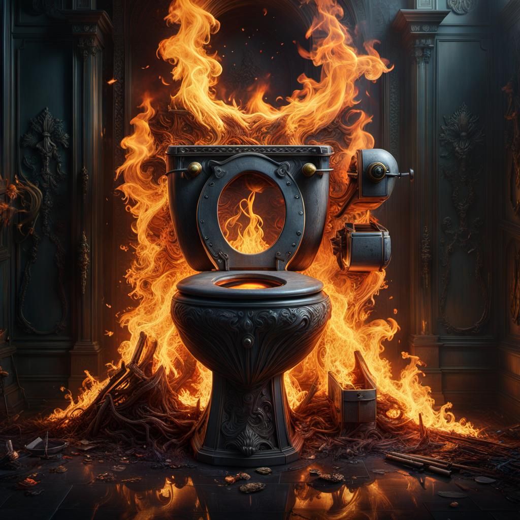 Toilet on Fire in Hyperrealistic Digital Art