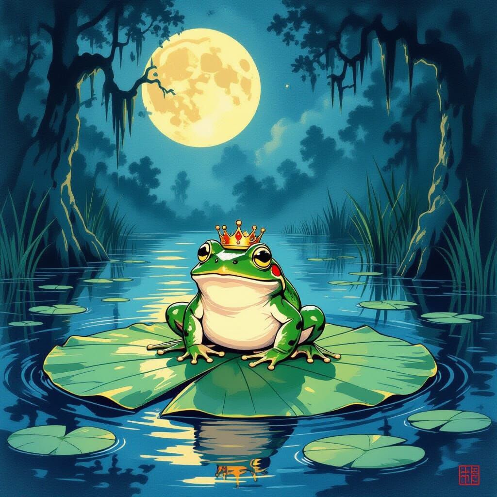 Mischievous Frog King in Moonlit Swamp Ukiyo-e Style