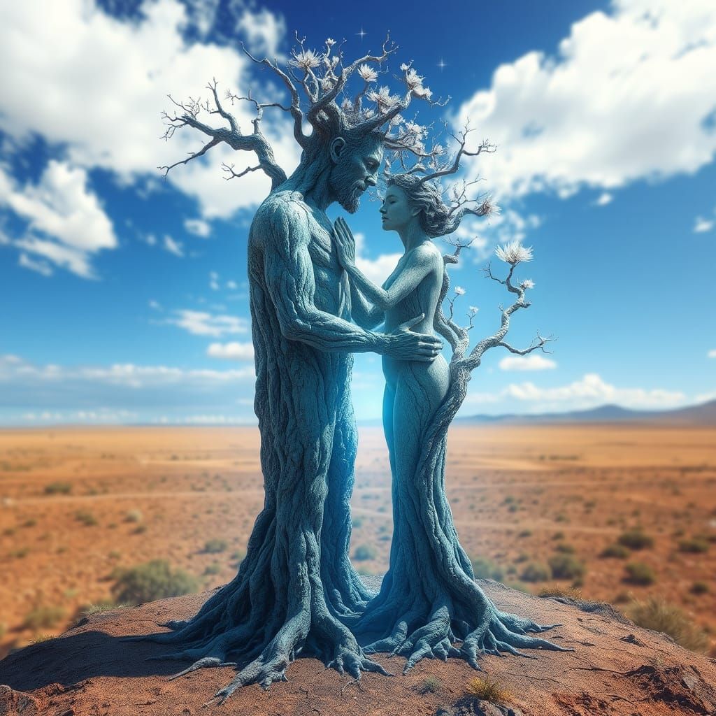 Surreal Cosmic Trees Embrace in Dreamlike Landscape