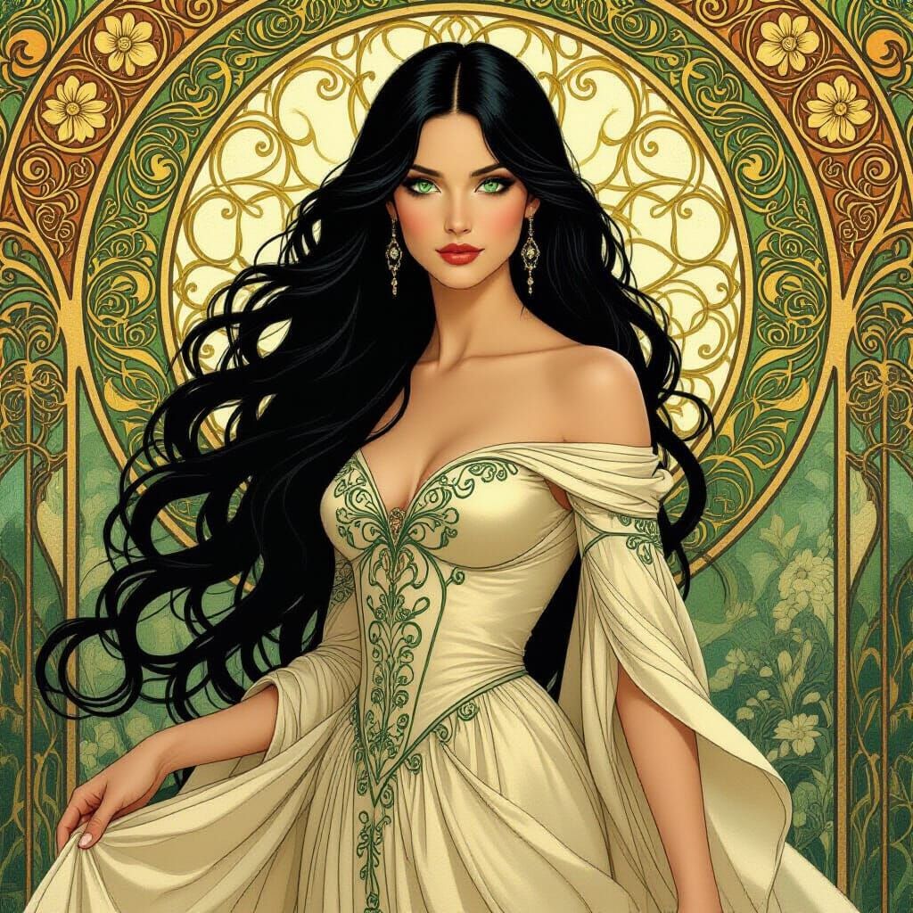 Mystical Woman with Emerald Eyes in Art Nouveau Style