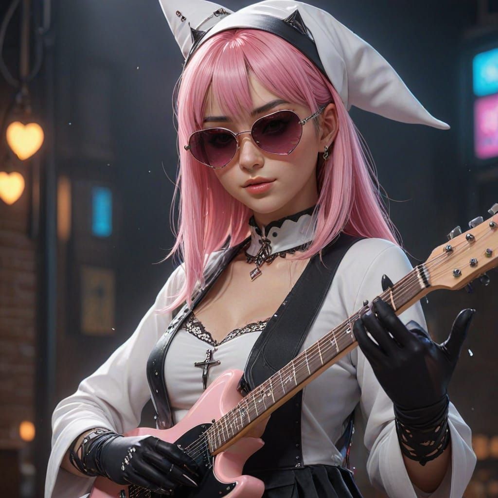 Rockstar Nun Portrait in Vibrant 3D Anime Style