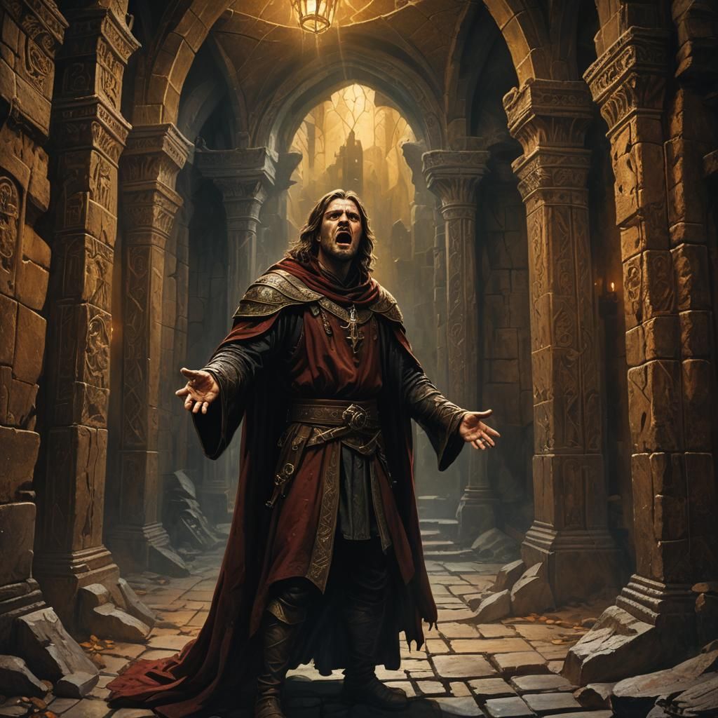 Frightened Man in Dark Medieval Chamber