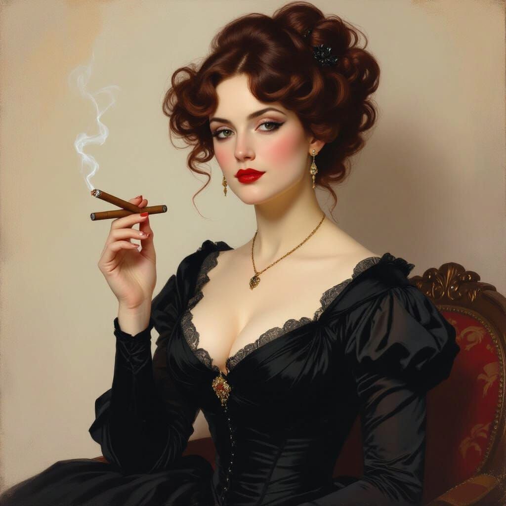 Victorian Woman with Cigar in Dramatic Painterly Style