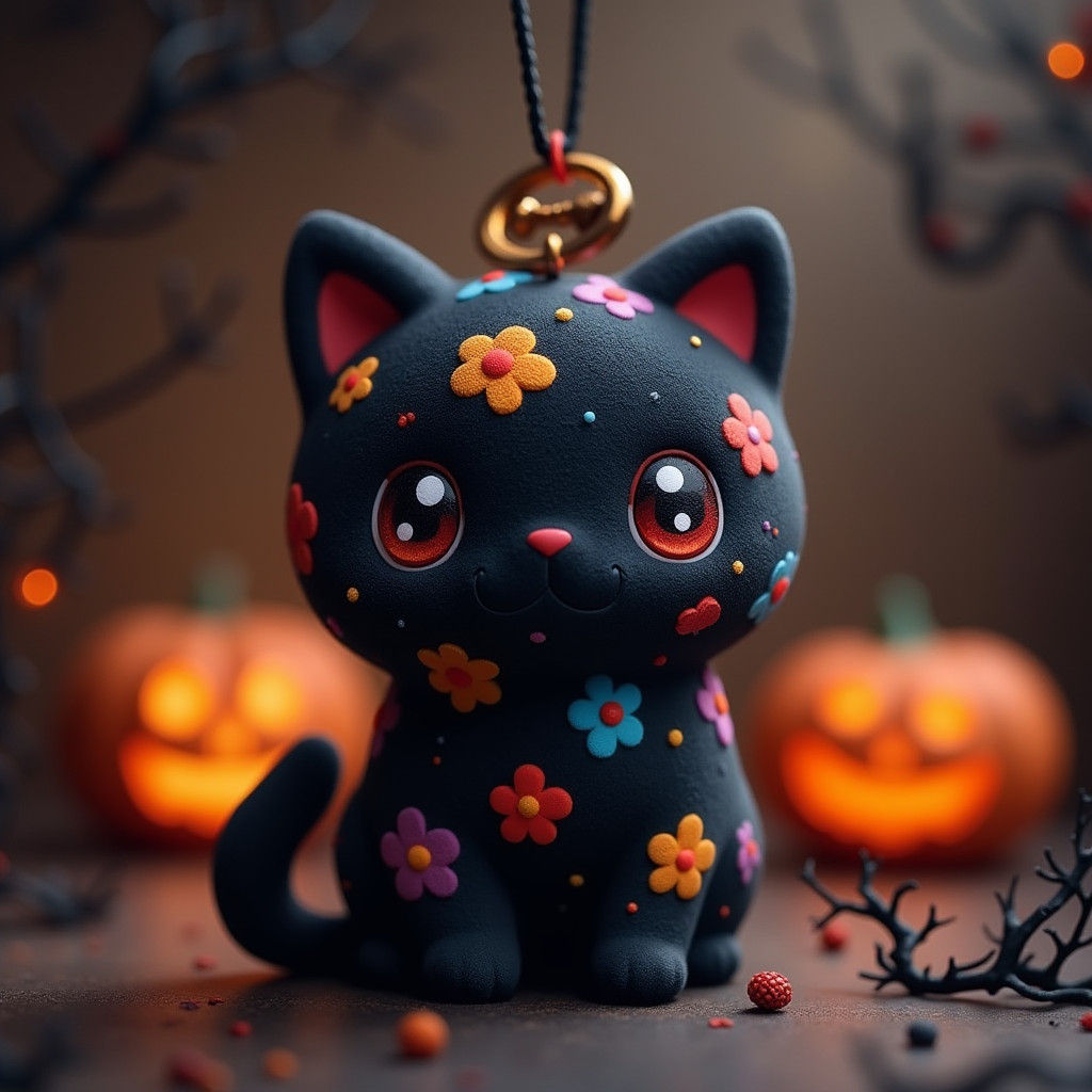 Halloween Black Cat Squishmallow with Floral Patterns