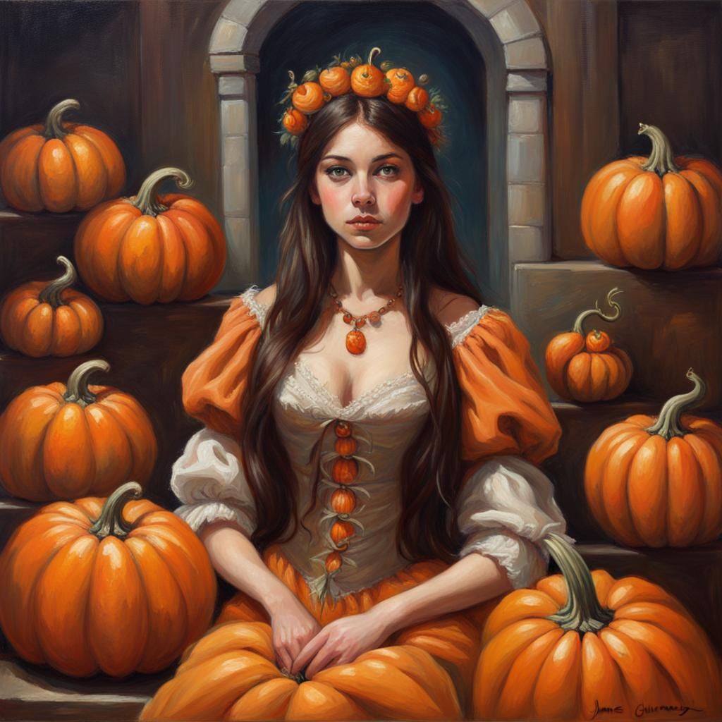 Brunette Pumpkin Princess in Oil Painting Style