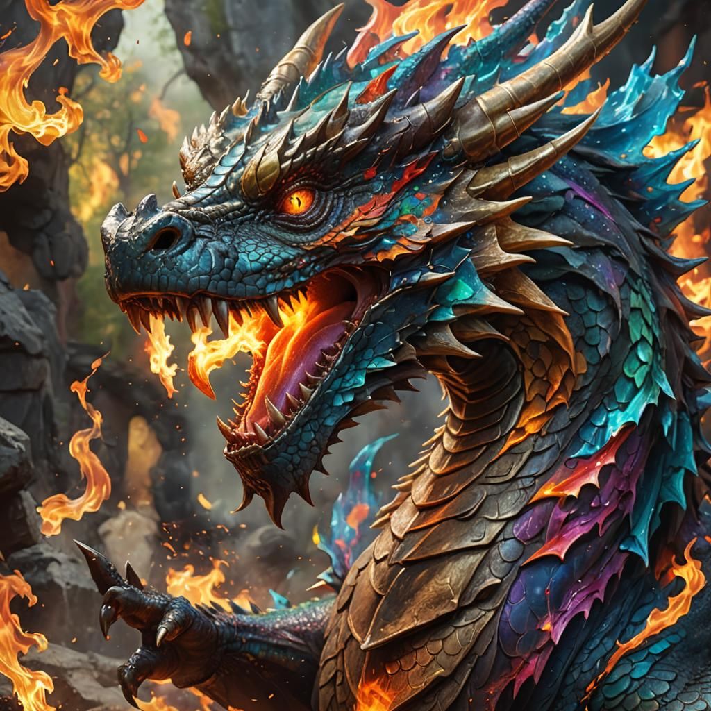 Hyperrealistic Dragon Breathing Fire Splash Art