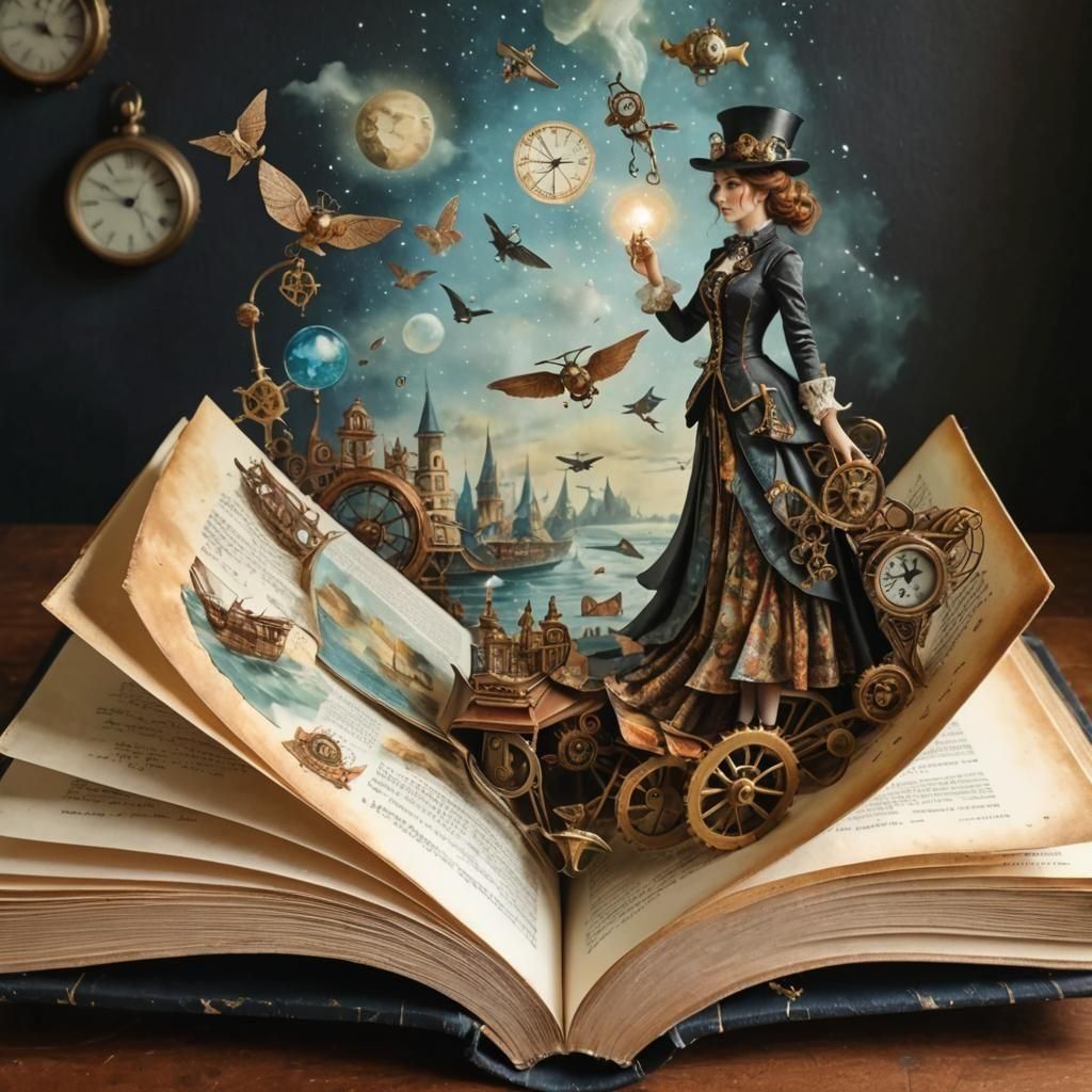 Steampunk Scene Leaps from Book in Decoupage