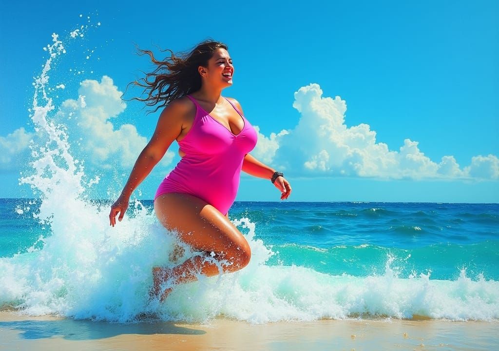Curvy Woman Swimming in Vibrant Ocean Waves