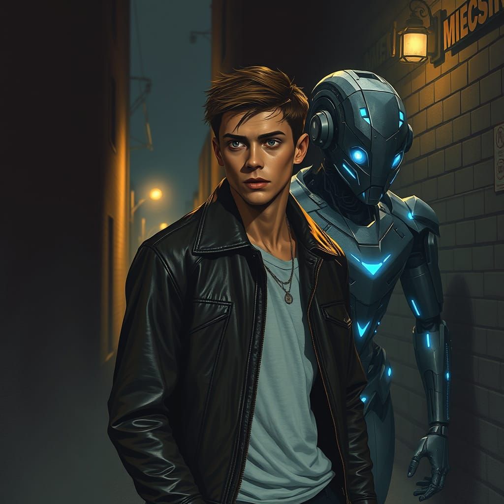 Young Man Meets Futuristic Robot in Dark Alley, Cyberpunk St...