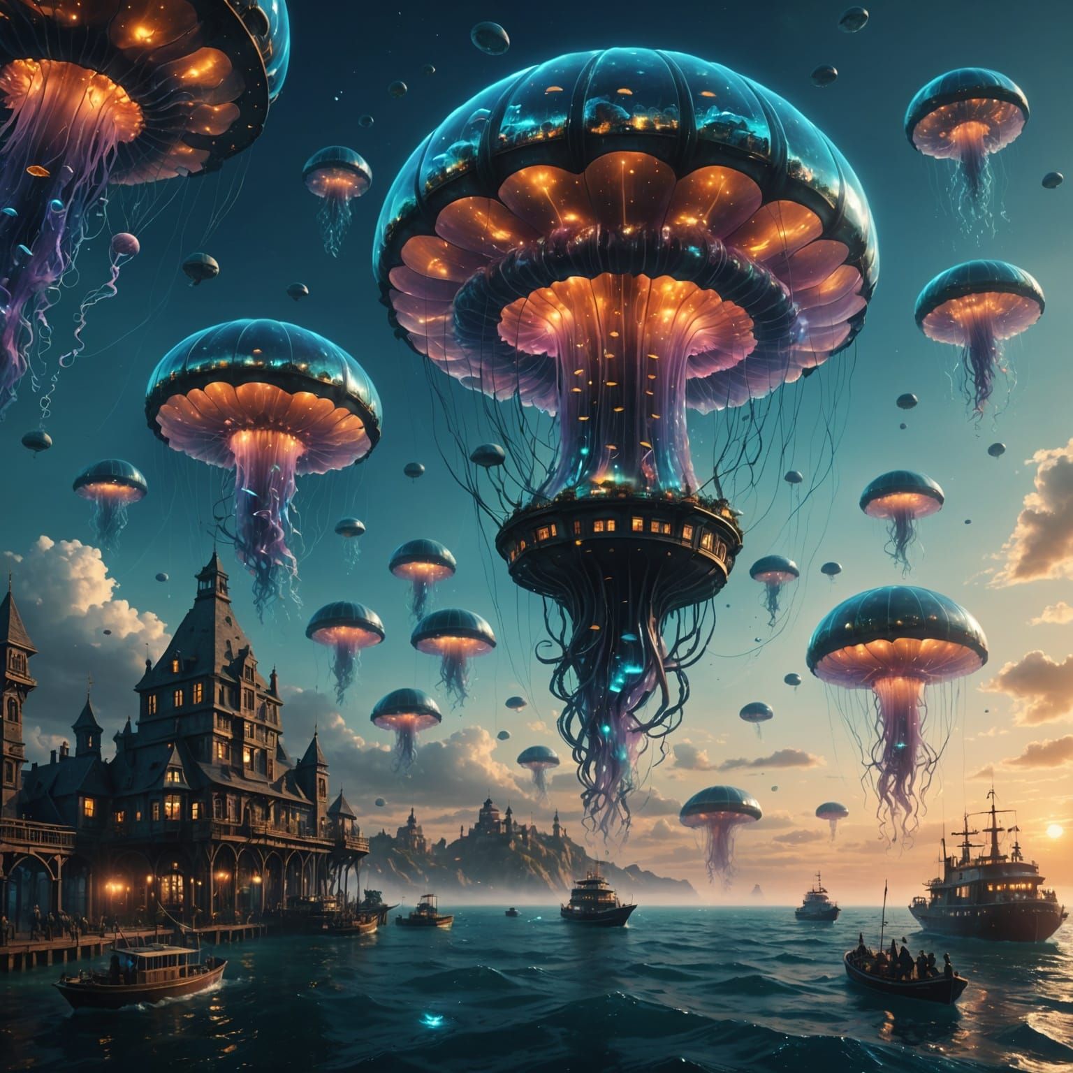 futuristic floating city built atop giant jellyfish, drifting through a glowing bioluminescent ocean at sunset, with fly...