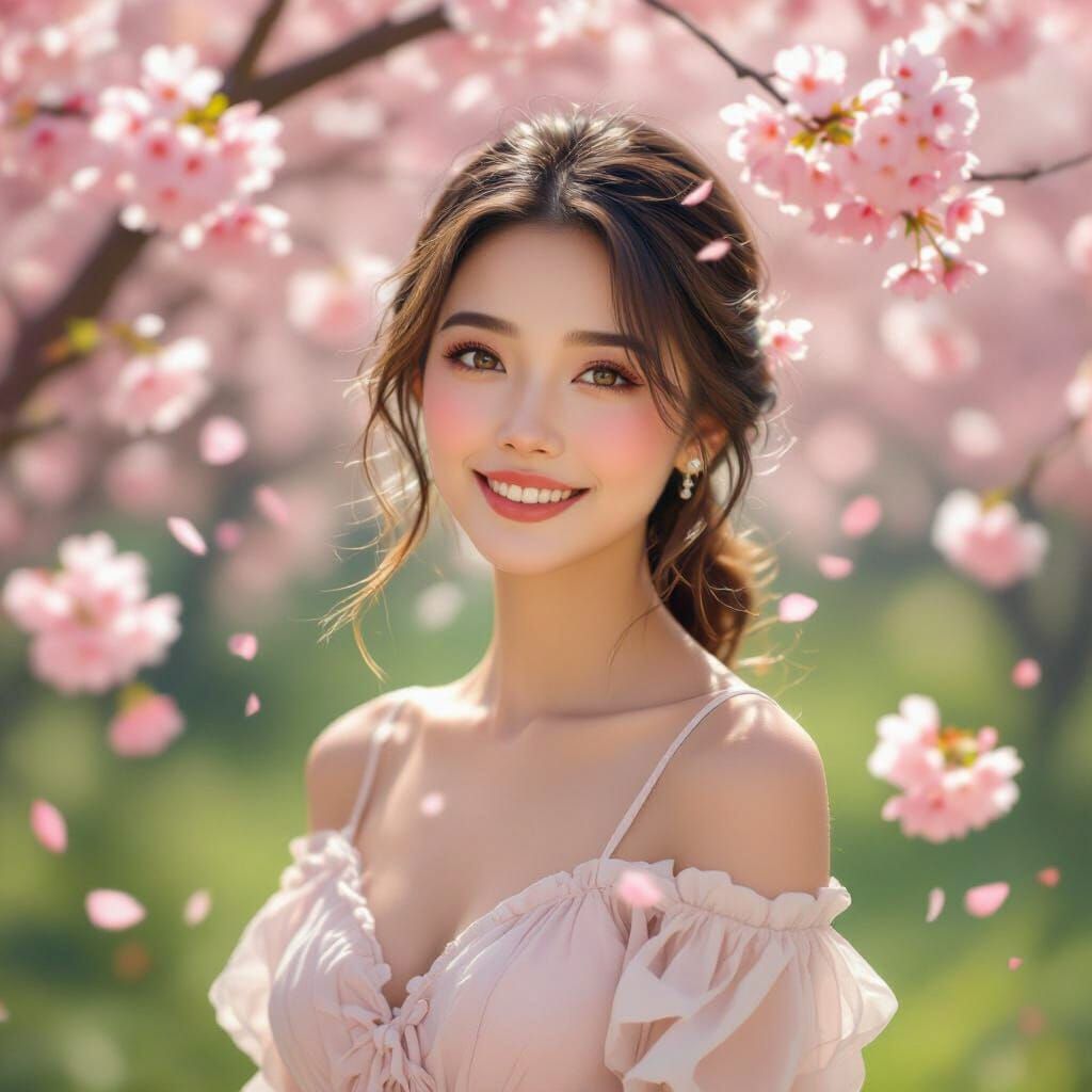 Woman Smiling in Cherry Blossom Garden, Impressionistic Oil ...